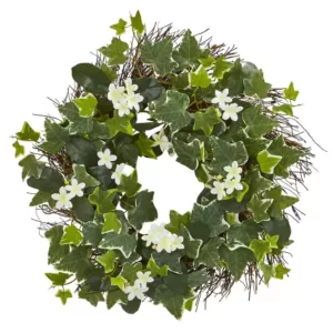 Nearly Natural Indoor 20 in. Variegated Sage Ivy and Stephanotis Artificial Wreath