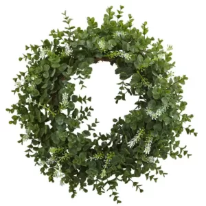 Nearly Natural 18 in. Eucalyptus Double Ring Wreath with Twig Base
