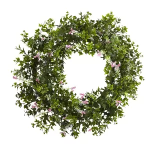 Nearly Natural Mini Ivy and Floral 18 in. Double Ring Wreath with Twig Base