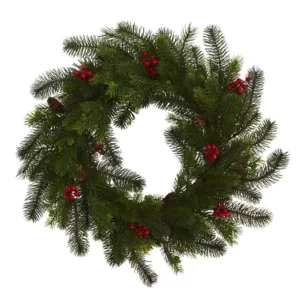 Nearly Natural 24 in. Pine and Berry Artificial Wreath