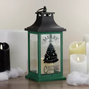 Northlight 12 in. Green and Black LED Candle With Christmas Tree Tabletop Lantern