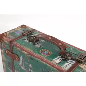 Vintiquewise Set of 2 Vintage-Style World Map Leather Wooden Suitcase Trunks with Straps and Handle