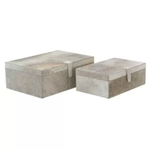LITTON LANE Wide Rectangular Wood and Leather Hide Gray Boxes (Set of 2)