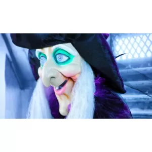 Haunted Hill Farm 6 ft. Animatronic Talking Witch with Broomstick Halloween Prop