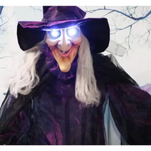 Haunted Hill Farm 6 ft. Animatronic Talking Witch with Broomstick Halloween Prop