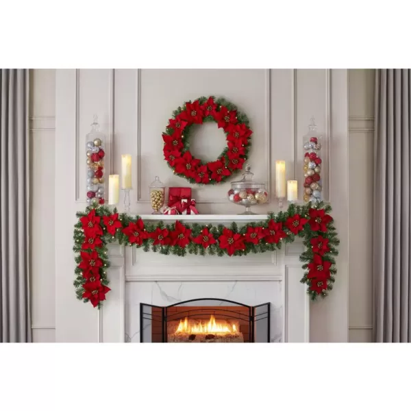Home Accents Holiday 9 ft. Berry Bliss Battery Operated Pre-Lit LED Artificial Christmas Garland with Poinsettia