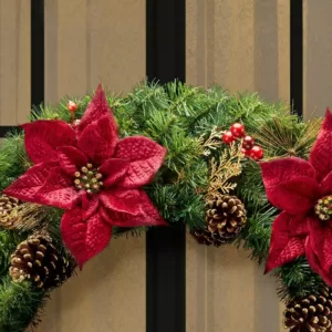 Home Accents Holiday 36 in. Burgundy Poinsettia Pine Wreath with Berries, Gold Glitter Cedar and Pinecones