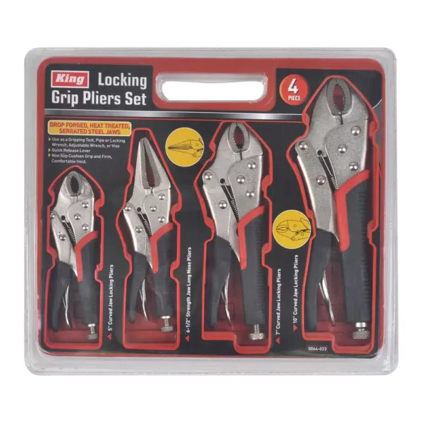 KING Locking Pliers Set, Curved Jaw, Strength Jaw Long Nose, Cushioned Grip (4-Piece Set)