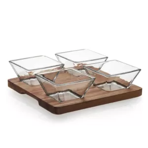 Libbey Acaciawood 4-Piece Glass Antipasto Bowl Set with Wood Serving Board
