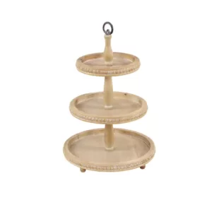 LITTON LANE Round Brown Wood and Metal 3-Tier Decorative Tray
