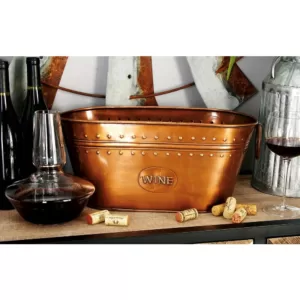 LITTON LANE 17 in. x 8 in. Oval Bucket Wine Cooler with Ring Handles in Polished Copper Brass and Patina