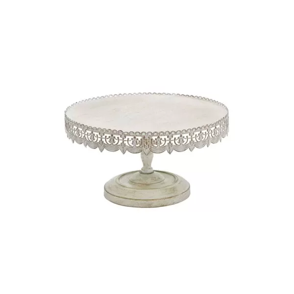 LITTON LANE 16 in. W x 9 in. H Whitewashed and Rust Brown Round Iron Cake Stand with Floral Bunting Overhang