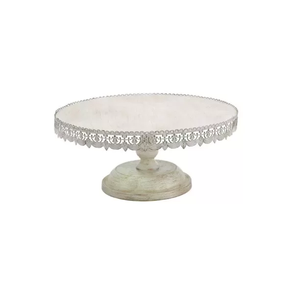 LITTON LANE 22 in. W x 10 in. H Whitewashed and Rust Brown Round Iron Cake Stand with Floral Bunting Overhang