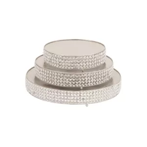 LITTON LANE Silver Iron Round Cake Stands with Round Crystal Beads Edge Detailing and Ball Feet (Set of 3)