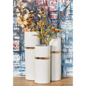 LITTON LANE White Ceramic Decorative Vase with Gold Lining Detail (Set of 3)
