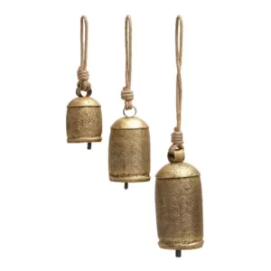 LITTON LANE Gold Brass Iron Bells with Rope Hangers (Set of 3)