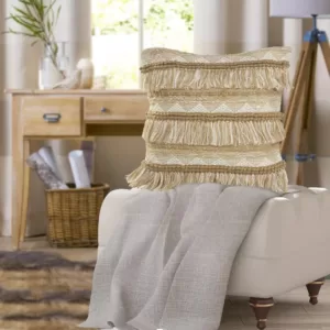 LR Home Fringe 20 in. x 20 in. Beige/White Neutral Polyester Standard Throw Pillow