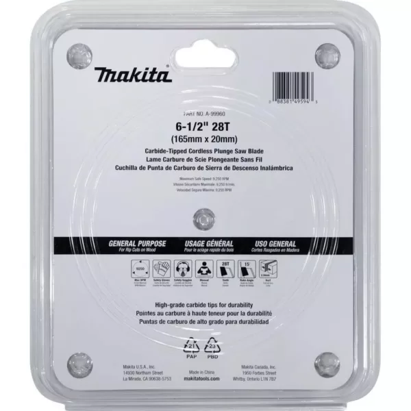 Makita 6-1/2 in. 28T Wood Carbide-Tipped Cordless Plunge Saw Blade