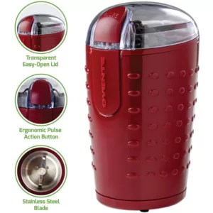 Ovente 2.5 oz. Maroon One-Touch Electric Coffee Grinder with Transparent Easy Open Lid and Stainless Steel Blades