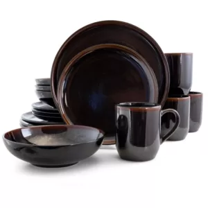 Elama Midnight Beach 16-Piece Modern Metallic Black Stoneware Dinnerware Set (Service for 4)