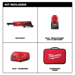 Milwaukee M12 12-Volt Lithium-Ion Cordless 1/4 in. Ratchet Kit w/ (1) 1.5Ah Battery, Charger and Tool Bag
