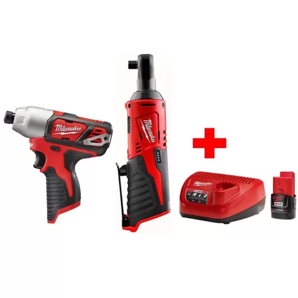 Milwaukee M12 12-Volt Lithium-Ion Cordless 3/8 in. Ratchet and 1/4 in. Impact Driver Combo Kit with (1) 2.0Ah Battery and Charger