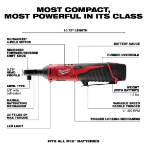 Milwaukee M12 12-Volt Lithium-Ion Cordless 3/8 in. Ratchet Kit with One 1.5 Ah Battery, Charger and Tool Bag