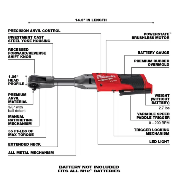 Milwaukee M12 FUEL 12-Volt 3/8 in. Lithium-Ion Brushless Cordless Extended Reach Ratchet (Tool-Only)