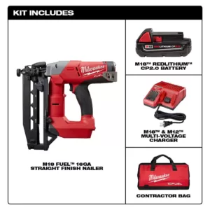 Milwaukee M18 FUEL 18-Volt Lithium-Ion Brushless 16-Gauge Cordless Straight Finish Nailer Kit w/One 2.0 Ah Battery, Charger & Bag