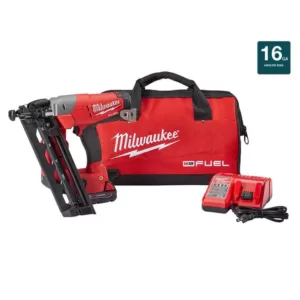 Milwaukee M18 FUEL 18-Volt Lithium-Ion Brushless Cordless 16-Gauge Angled Finish Nailer Kit with (1) 2.0Ah Battery, Charger & Bag