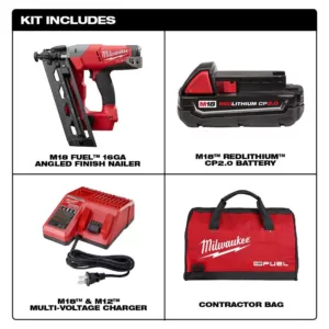 Milwaukee M18 FUEL 18-Volt Lithium-Ion Brushless Cordless 16-Gauge Angled Finish Nailer Kit with (1) 2.0Ah Battery, Charger & Bag