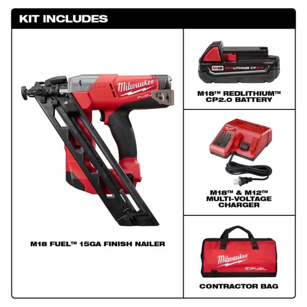 Milwaukee M18 FUEL 18-Volt Lithium-Ion Brushless Cordless 15-Gauge Angled Finish Nailer Kit W/ (1) 2.0Ah Battery, Charger & Bag