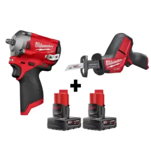 Milwaukee M12 FUEL 12-Volt Lithium-Ion Brushless Cordless Stubby 3/8 in. Impact Wrench and HACKZALL with two 3.0 Ah Batteries