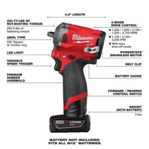 Milwaukee M12 FUEL 12-Volt Lithium-Ion Brushless Cordless Stubby 3/8 in. Impact Wrench Kit with One 4.0 and One 2.0Ah Batteries