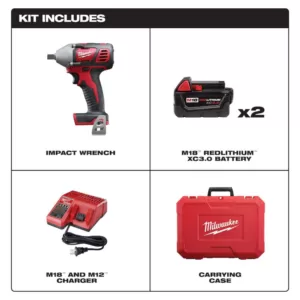 Milwaukee M18 18-Volt Lithium-Ion Cordless 1/2 in. Impact Wrench W/ Pin Detent Kit W/(2) 3.0Ah Batteries, Charger & Hard Case