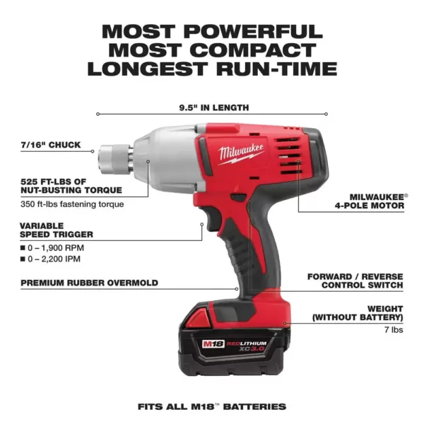 Milwaukee M18 18-Volt Lithium-Ion Cordless 7/16 in. Impact Wrench Kit W/(2) 3.0Ah Batteries, Charger, Hard Case