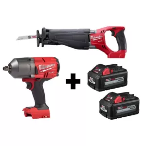 Milwaukee M18 FUEL 18-Volt 1/2 in. Lithium-Ion Brushless Cordless Impact Wrench w/ Friction Ring & Reciprocating Saw 2 Batteries