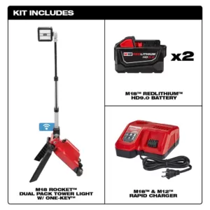 Milwaukee M18 ONE-KEY 18-Volt Lithium-Ion Cordless ROCKET Dual Pack Tower Light W/ (2) 9.0Ah Batteries, Rapid Charger