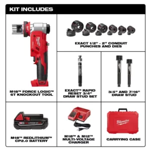 Milwaukee M18 18-Volt Lithium-Ion Cordless FORCE LOGIC 6 Ton Knockout Tool 1/2 in. to 2 in. Kit w/(1) 2.0 Ah Battery, Die Set
