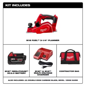 Milwaukee M18 18-Volt Lithium-Ion 3-1/4 in. Cordless Planer Kit with One 3.0 Ah Batteries, Charger, Tool Bag