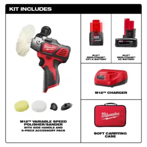 Milwaukee M12 12-Volt Lithium-Ion Cordless Variable Speed Polisher/Sander Kit W/(2) M12 Batteries, Accessories, Charger & Tool Bag