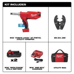 Milwaukee M18 18-Volt Lithium-Ion Cordless FORCE LOGIC 6-Ton Pistol Utility Crimping Kit with BG-D3 Jaws and 2 Batteries