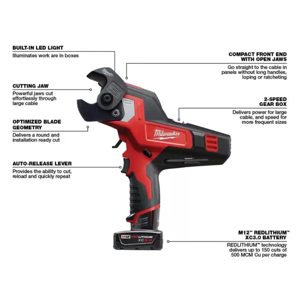 Milwaukee M12 12-Volt Lithium-Ion Cordless 600 MCM Cable Cutter Kit with 3.0Ah Battery, Charge, Replacement Blade and Hard Case