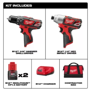 Milwaukee M12 12-Volt Lithium-Ion Cordless Hammer Drill/Impact Driver Combo Kit (2-Tool) with (2) 1.5Ah Batteries, Charger & Bag