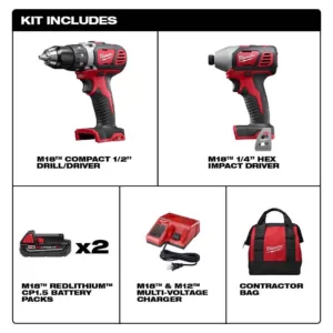 Milwaukee M18 18-Volt Lithium-Ion Cordless Drill Driver/Impact Driver Combo Kit (2-Tool) w/(2) 1.5Ah Batteries, Charger, Tool Bag