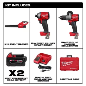 Milwaukee M18 FUEL 18-Volt Lithium-Ion Brushless Cordless Hammer Drill and Impact Driver Combo Kit (2-Tool) with FUEL Blower