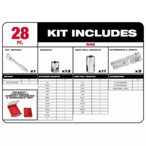 Milwaukee 3/8 in. Drive SAE Ratchet and Socket Mechanics Tool Set with Packout Case (28-Piece) and Screwdriver Set (8-Piece)