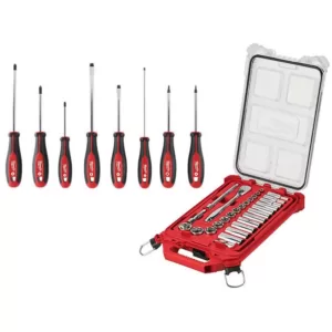 Milwaukee 3/8 in. Drive SAE Ratchet and Socket Mechanics Tool Set with Packout Case (28-Piece) and Screwdriver Set (8-Piece)