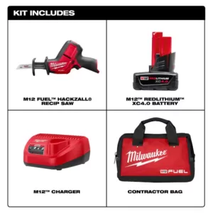 Milwaukee M12 FUEL 12-Volt Lithium-Ion Brushless Cordless HACKZALL Reciprocating Saw Kit w/(1) 4.0Ah Batteries, Charger & Tool Bag