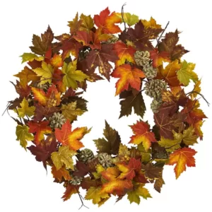 Nearly Natural 24 in. Maple and Pine Cone Wreath